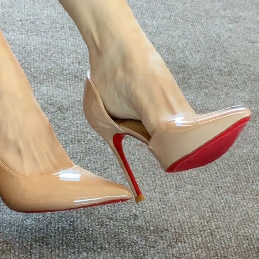 Patent Nude Pointed-Toe Stiletto Pumps with Red Sole